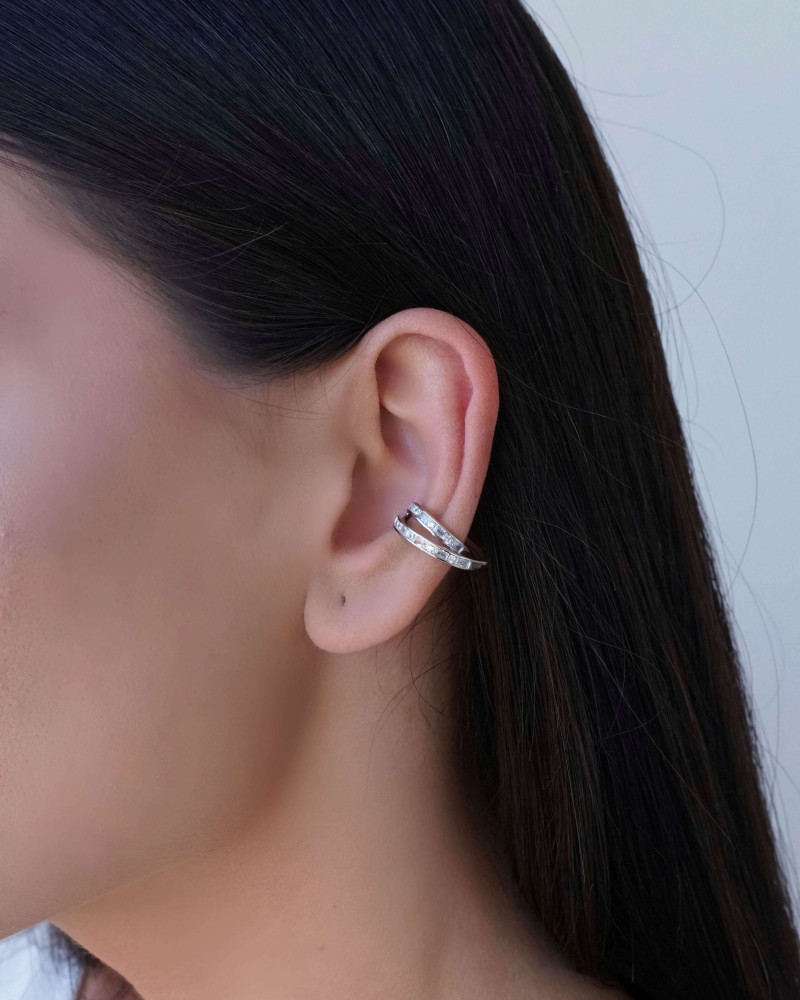 Piercing Duplo Cravejado Baguetes Cristal Ródio Branco