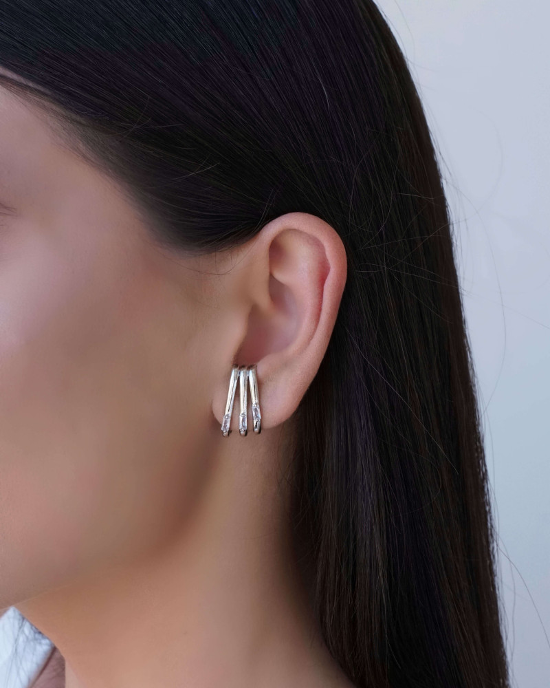 Ear Hook Filetes Baguetes Cristal 2.0 cm Ródio Branco