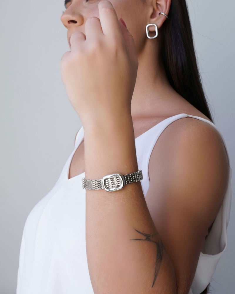 Pulseira Malha Italiana Retângulo Liso Ródio Branco