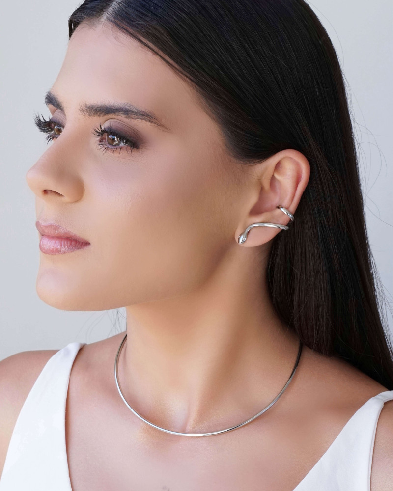 Ear Cuff Cobra Lisa Ponto de Luz Cristal 3.0 cm Ródio Branco