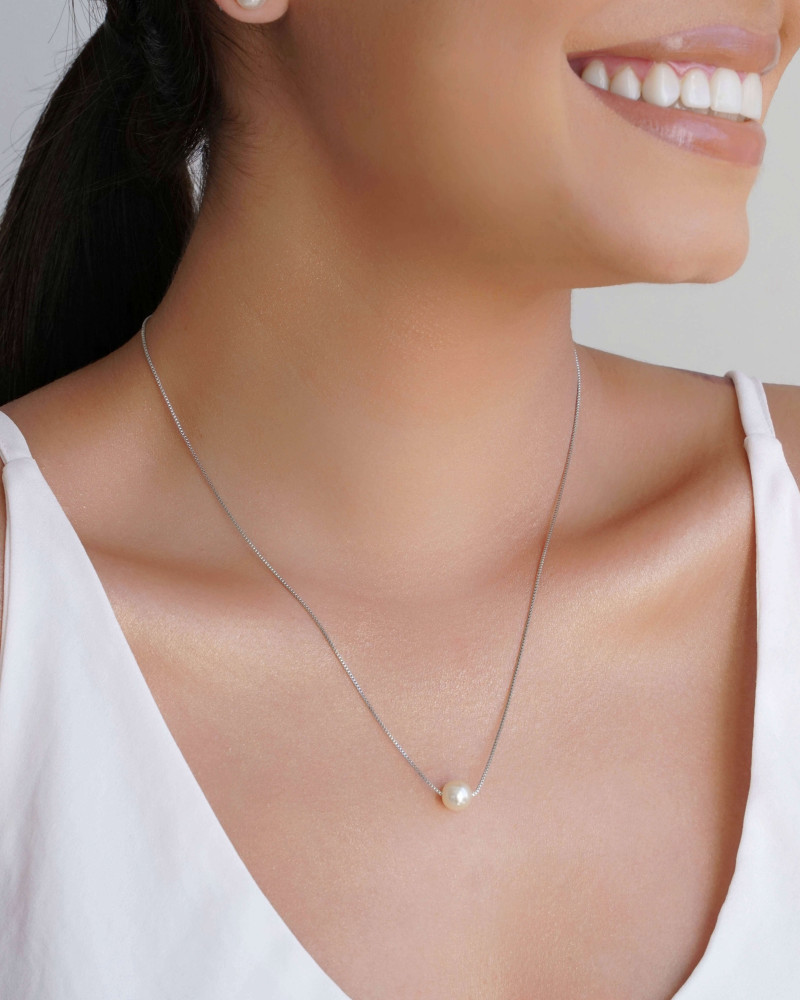 Gargantilha Veneziana Pérola 8 mm Ródio Branco - 45 cm