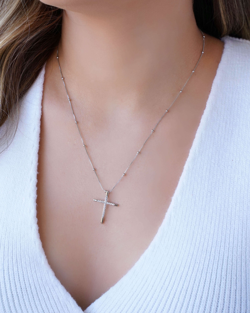 Gargantilha Veneziana Bolinhas Cruz Cravejada Cristal Ródio Branco - 45 cm