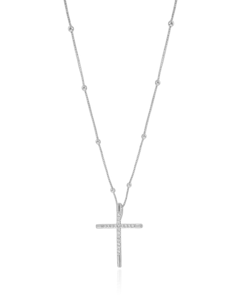 Gargantilha Veneziana Bolinhas Cruz Cravejada Cristal Ródio Branco - 45 cm