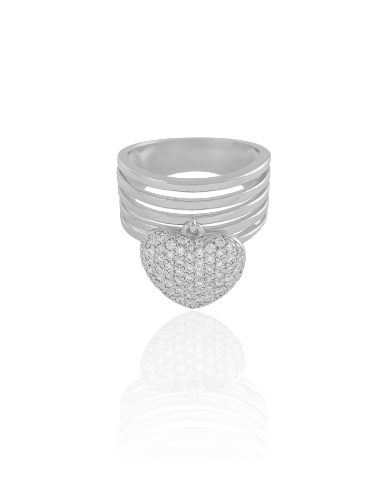 Anel Filetes Coração Cravejado Tamanho 15 Ródio Branco
