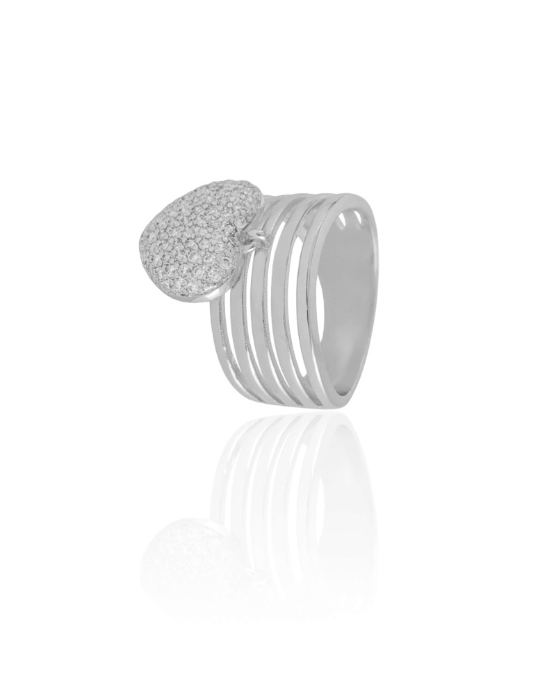 Anel Filetes Coração Cravejado Tamanho 15 Ródio Branco