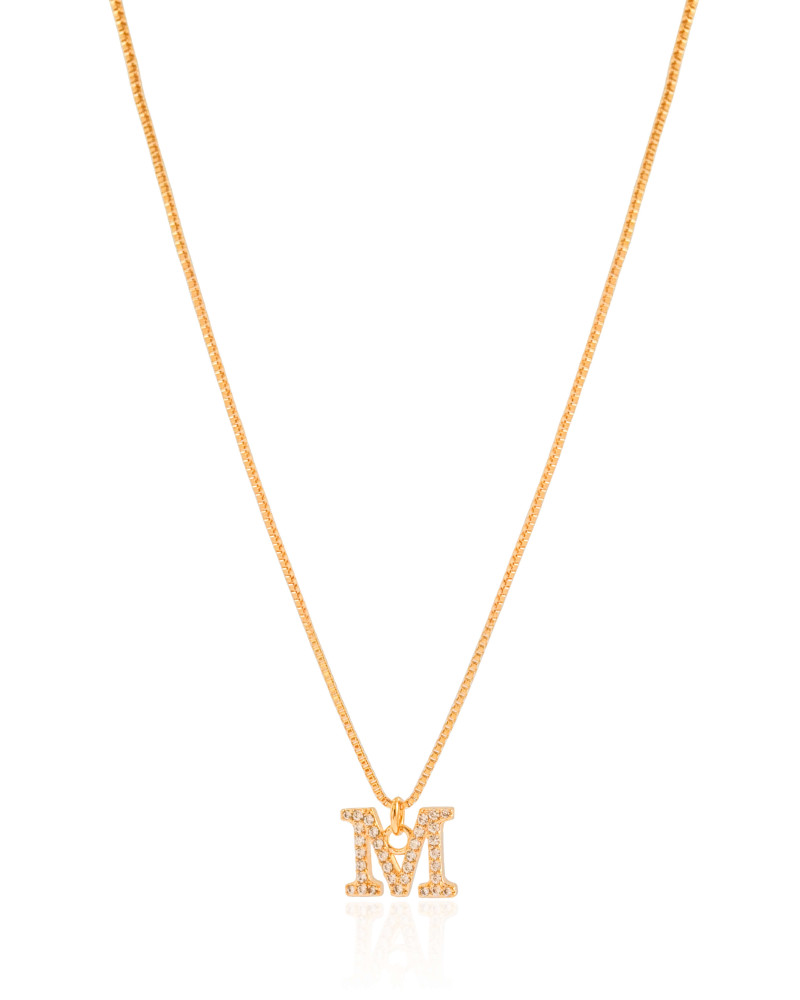 Gargantilha Veneziana Letra M Cravejada Cristal Banhado a Ouro 18K - 45 cm