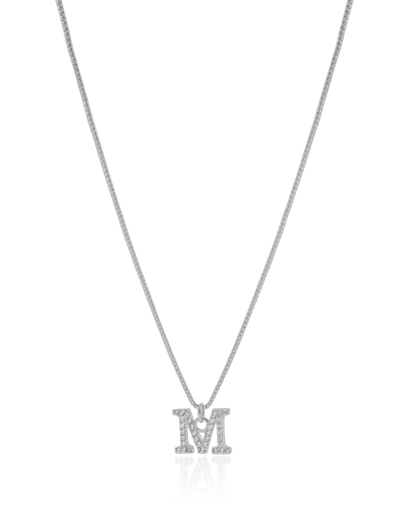 Gargantilha Veneziana Letra M Cravejada Cristal Ródio Branco - 45 cm