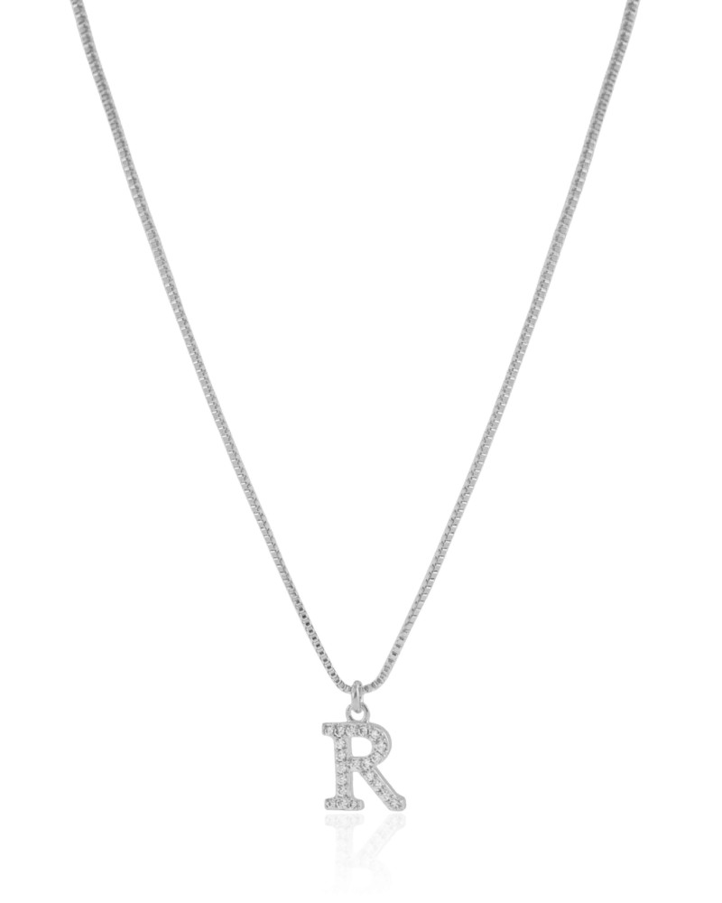 Gargantilha Veneziana Letra R Cravejada Cristal Ródio Branco - 45 cm