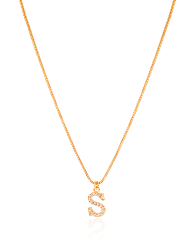 Gargantilha Veneziana Letra S Cravejada Cristal Banhado a Ouro 18K - 45 cm