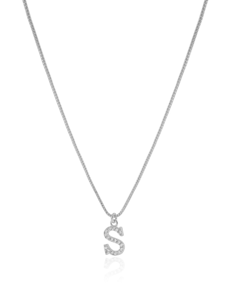 Gargantilha Veneziana Letra S Cravejada Cristal Ródio Branco - 45 cm