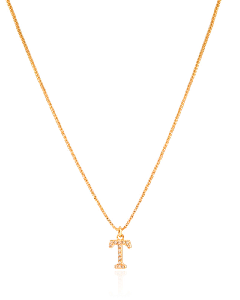 Gargantilha Veneziana Letra T Cravejada Cristal Banhado a Ouro 18K - 45 cm