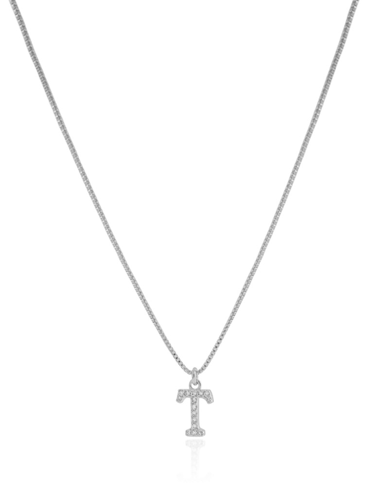 Gargantilha Veneziana Letra T Cravejada Cristal Ródio Branco - 45 cm