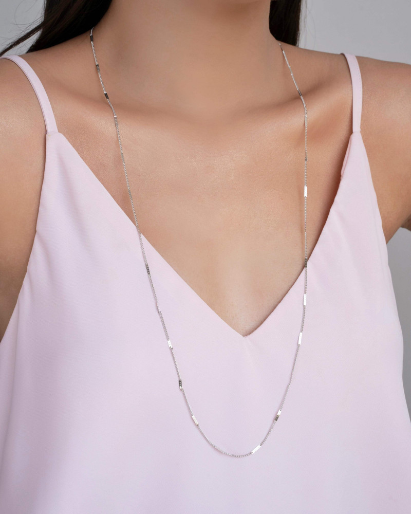 Gargantilha Longa Grumet Achatada Ródio Branco - 80 cm