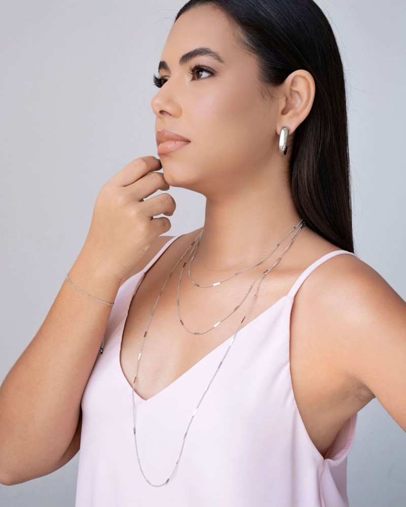 Gargantilha Longa Grumet Achatada Ródio Branco - 80 cm