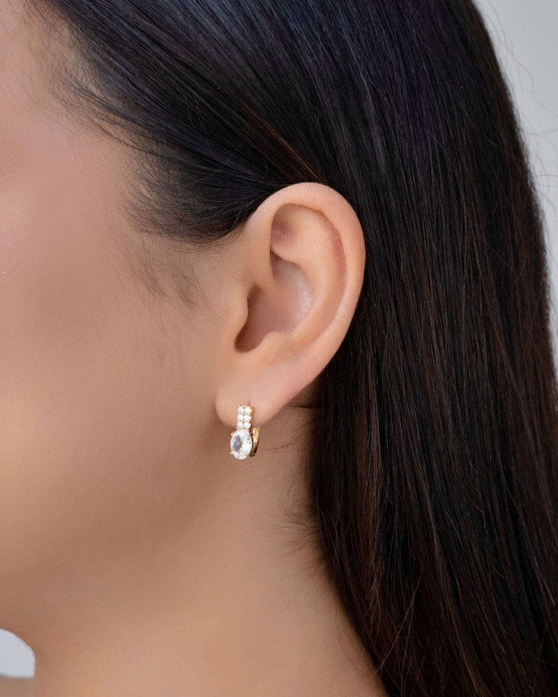 Brinco Argola Ponto de Luz Oval Retângulo Cravejado Cristal Banhado a Ouro 18K