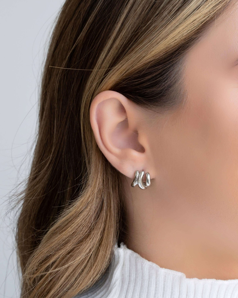 Brinco Argola Três Filetes Lisos 1.3 cm Ródio Branco