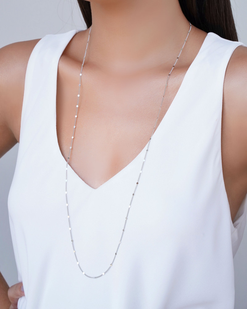 Gargantilha Longa Grumet Plaquinhas Ródio Branco - 80 cm