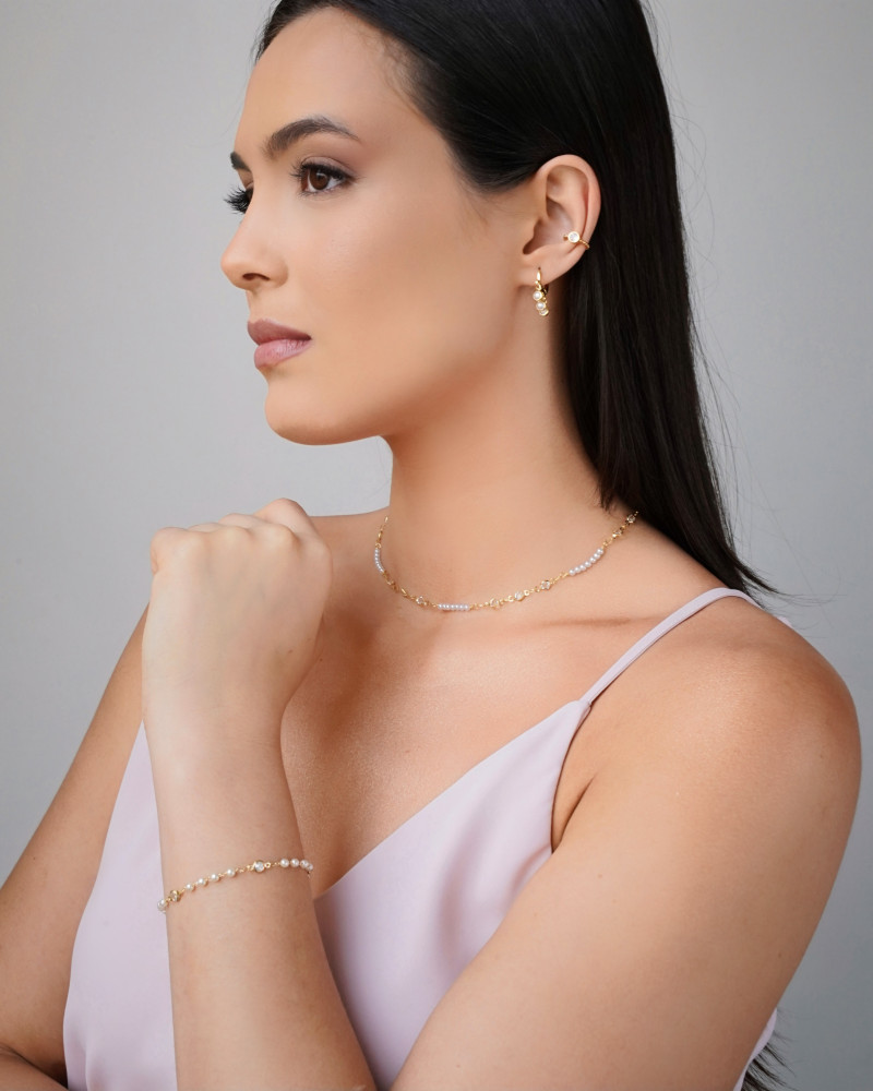 Choker Pérolas Pontos de Luz Cristal Banhado a Ouro 18K