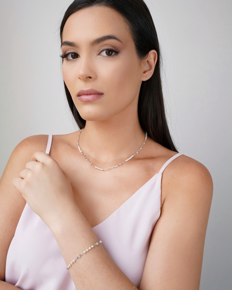 Choker Pérolas Pontos de Luz Cristal Ródio Branco