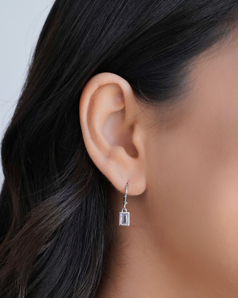 Brinco Argola Click Retângulo Cristal 2.3 cm Ródio Branco