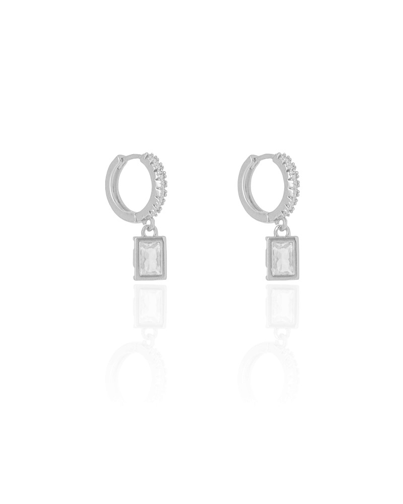 Brinco Argola Click Cravejado Cristal Retângulo 2.2 cm Ródio Branco