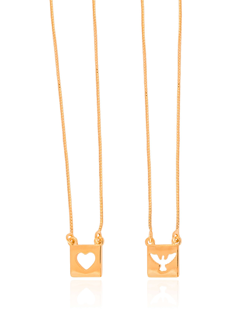 Escapulário Espírito Santo Coração Vazado Banhado a Ouro 18K - 60 cm