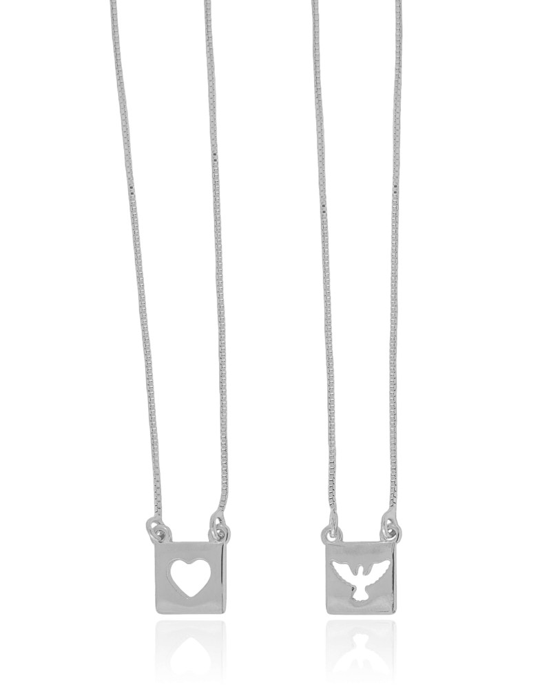 Escapulário Espírito Santo Coração Vazado Ródio Branco - 60 cm