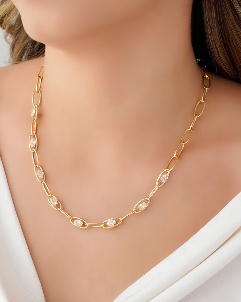 Gargantilha Elos Ovais Cristal Banhado a Ouro 18K - 45 cm