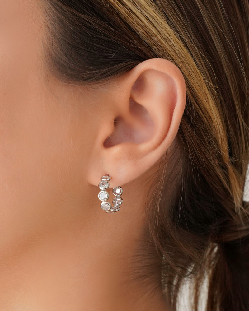 Brinco Argola Pontos de Luz Cristal 1.7 cm Ródio Branco