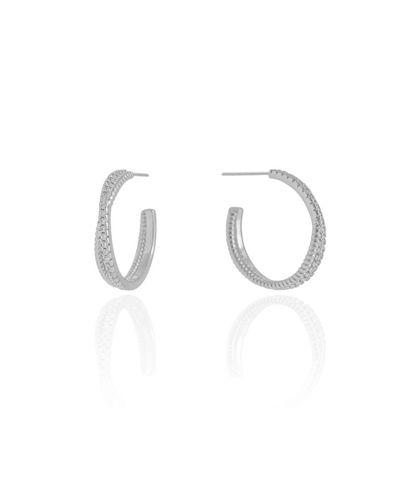 Brinco Argola Entrelaçada Cravejada Cristal 2.2 cm Ródio Branco