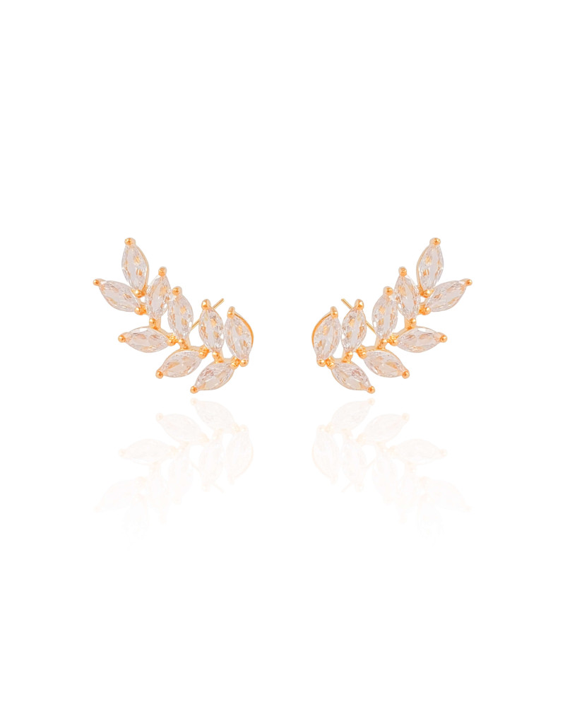 Ear Cuff Folha Navetes Cristal Banhado a Ouro 18K