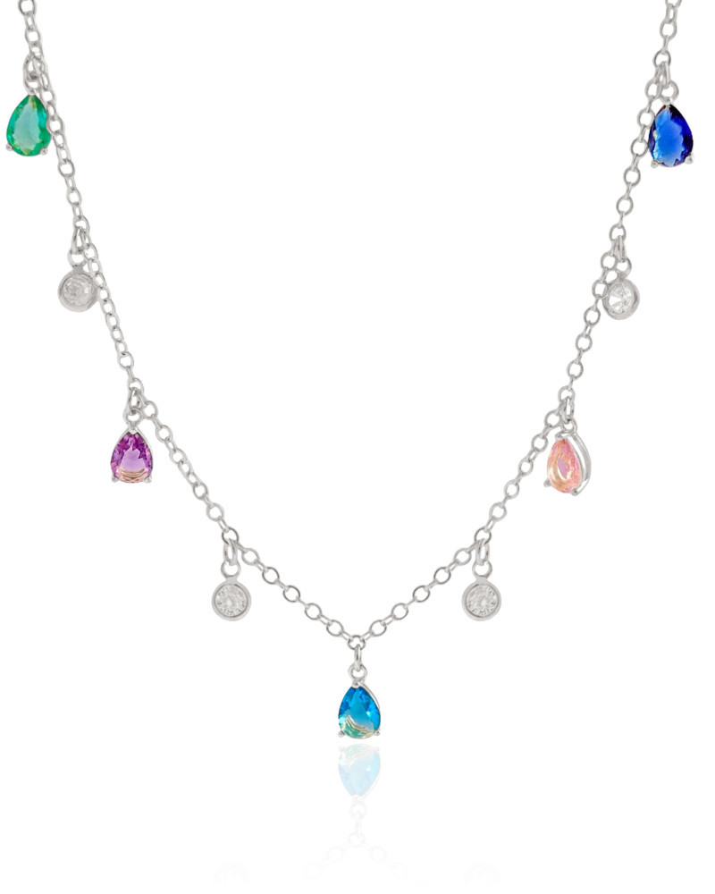 Choker Elos Gotas Coloridas e Pontos de Luz Cristal Ródio Branco