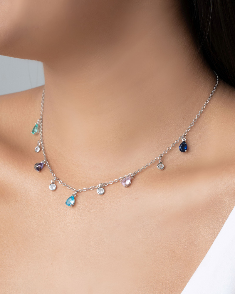 Choker Elos Gotas Coloridas e Pontos de Luz Cristal Ródio Branco