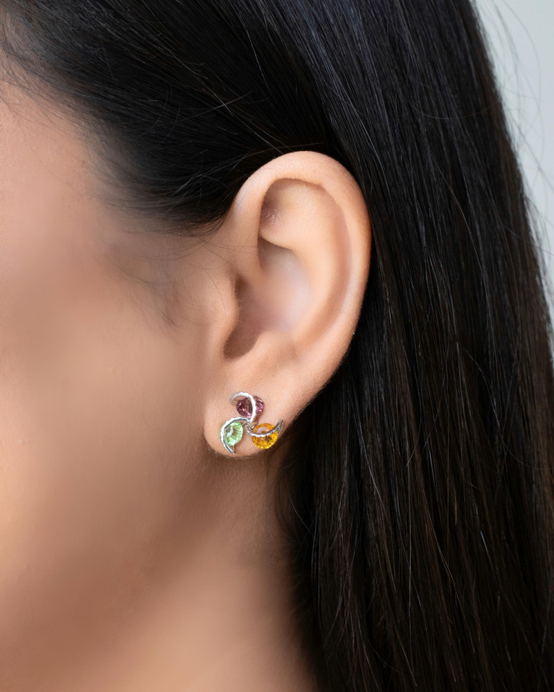 Brinco Flor Colorida 1.4 cm Ródio Branco