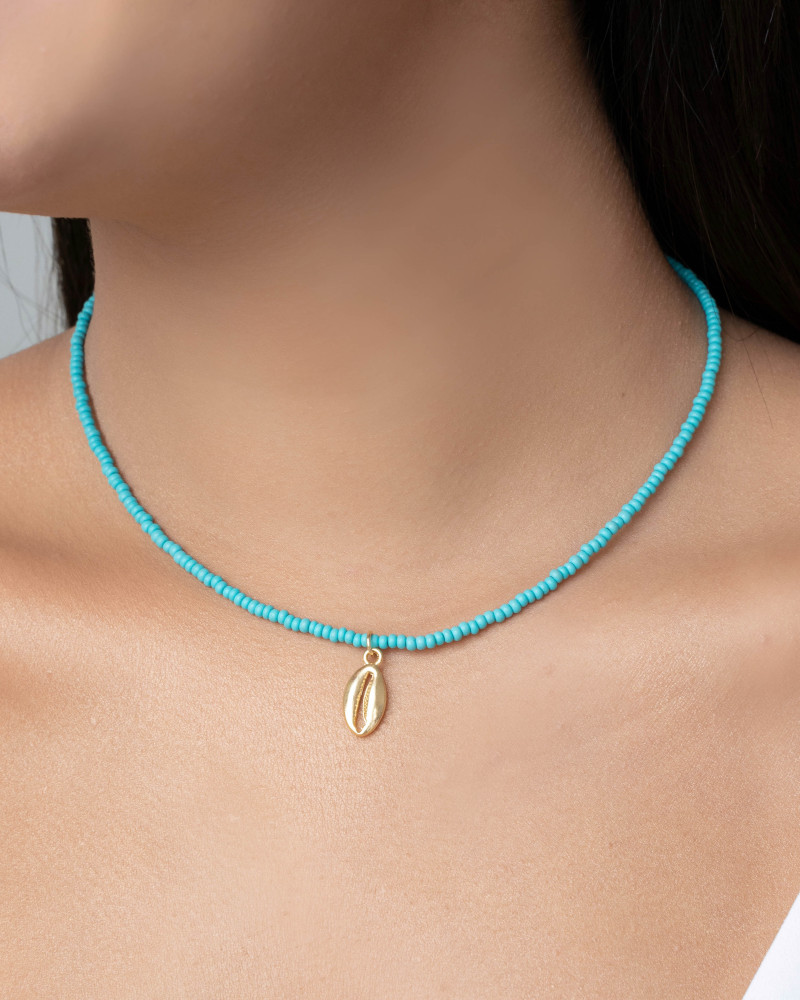 Choker Miçanga Verde Água Búzio Banhado a Ouro 18K