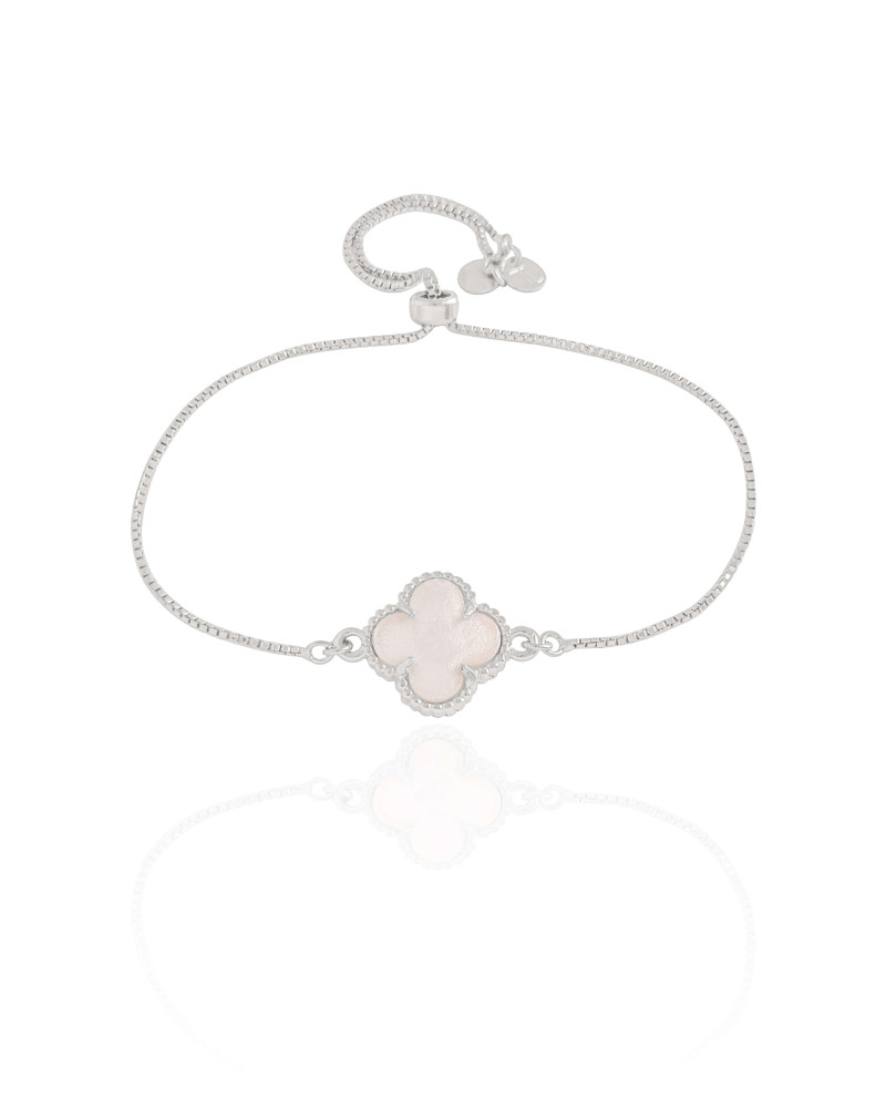 Pulseira Trevo Madrepérola Fecho Gravata Ródio Branco