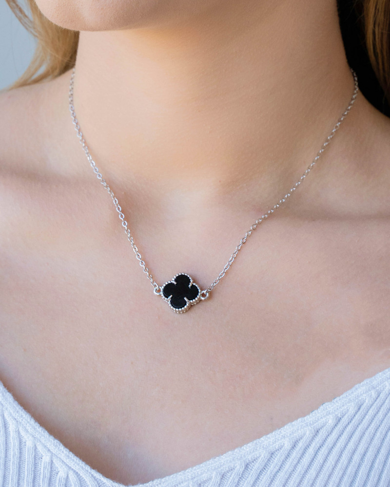 Choker Elos Trevo Preto Ródio Branco