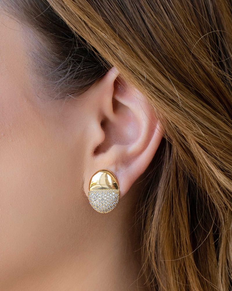 Brinco Oval Liso e Cravejado Cristal 2.0 cm Banhado a Ouro 18K