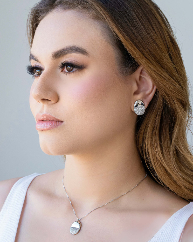 Gargantilha Veneziana Oval Liso e Cravejado Cristal Ródio Branco - 40 cm