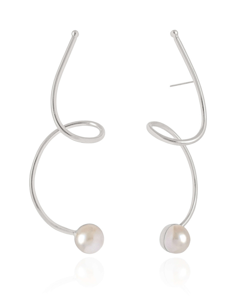 Brinco Fio Torcido Pérola 7.5 cm Ródio Branco