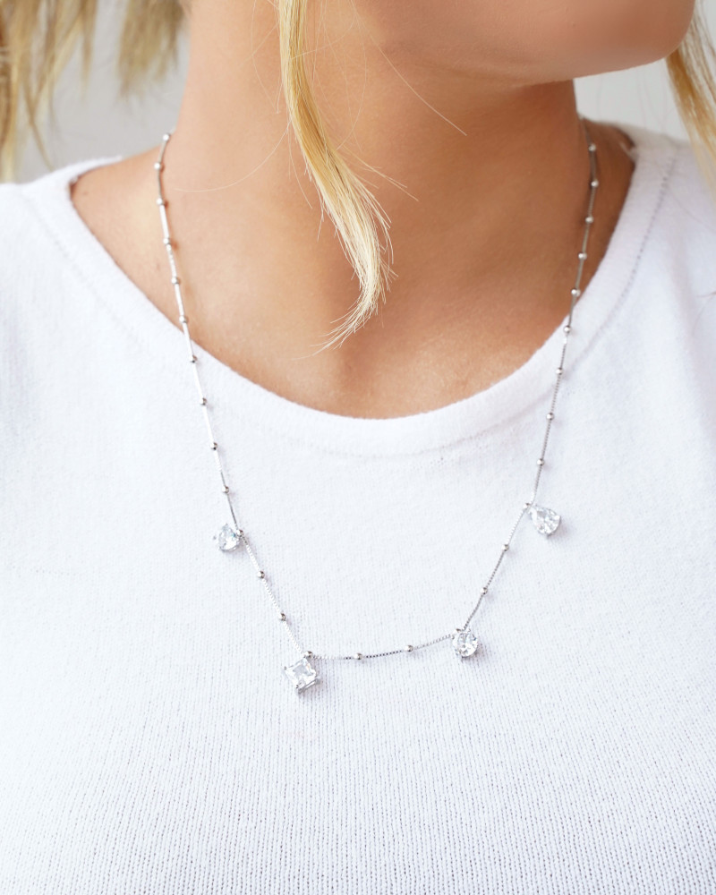 Gargantilha Veneziana Bolinhas Geométricos Cristal Ródio Branco - 45 cm