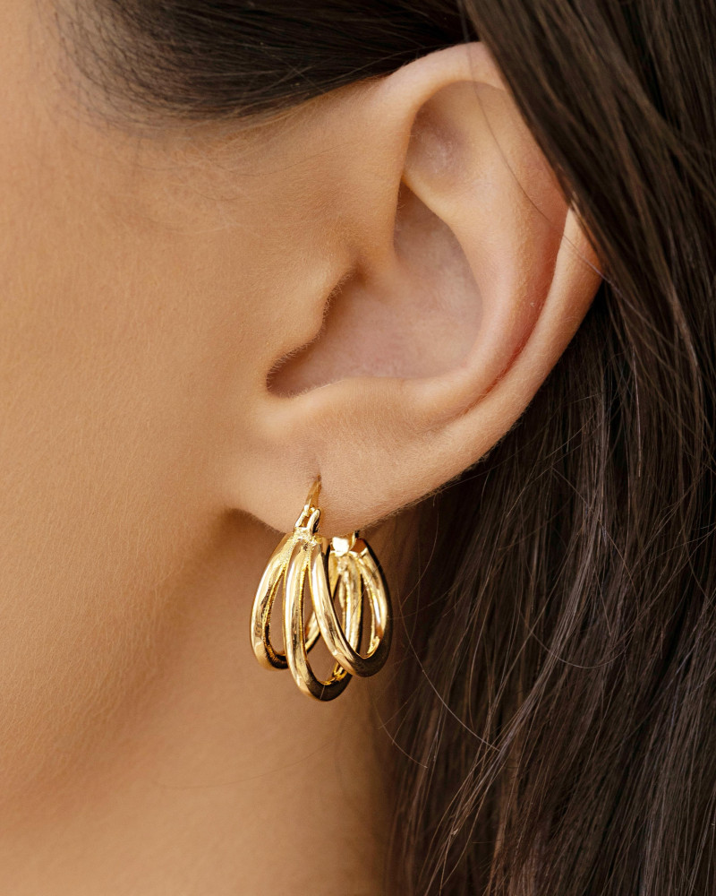 Brinco Argola Fecho Italiano Três Filetes Tubo 2.3 cm Banhado a Ouro 18K