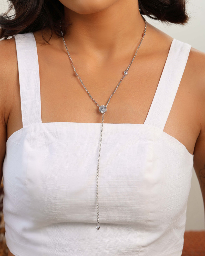 Gargantilha Gravata Elos Pontos de Luz Cristal Ródio Branco - 50 cm