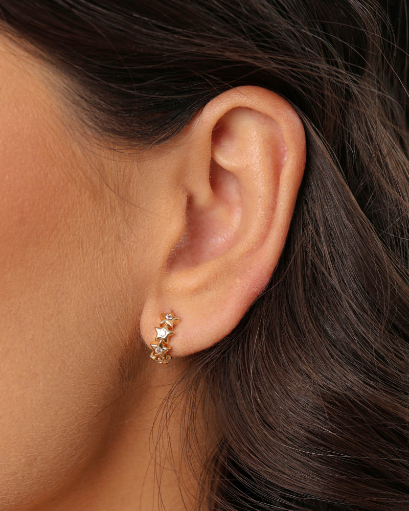 Brinco Argola Click Estrelas Cravejada Cristal 1.1 cm Banhado a Ouro 18K