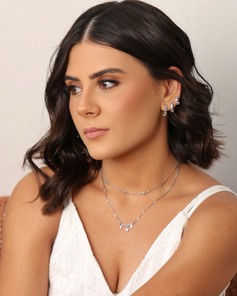 Brinco Argola Click Estrelas Cravejada Cristal 1.1 cm Ródio Branco