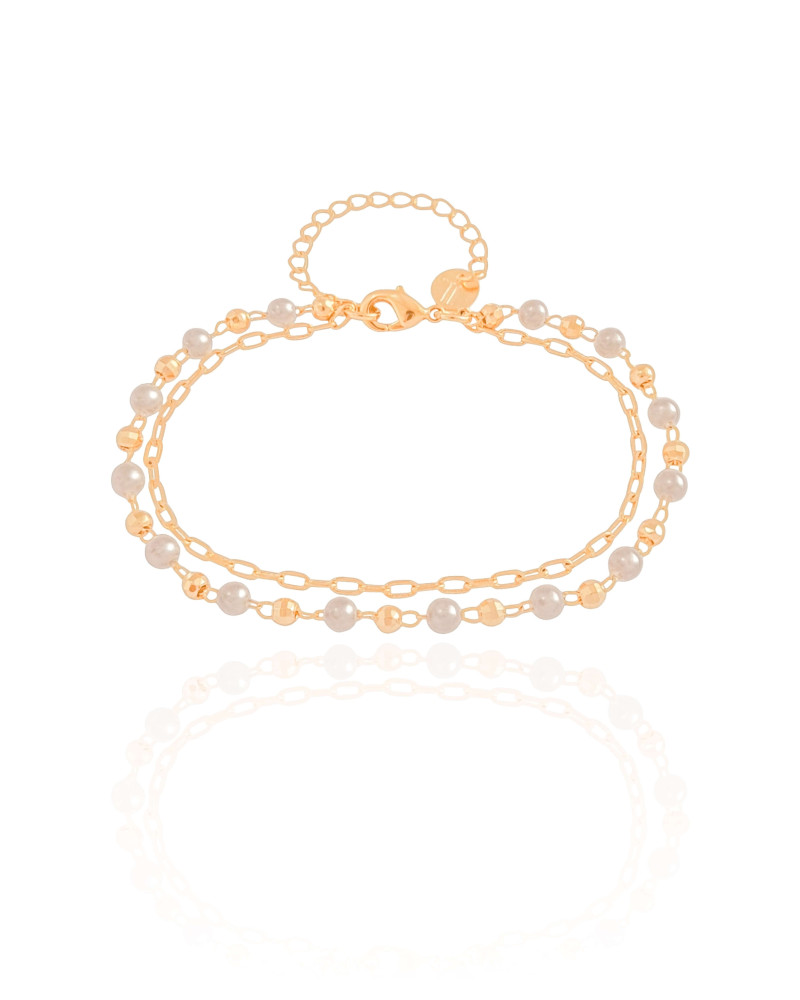Pulseira Dupla Elos Pérolas Banhado a Ouro 18K