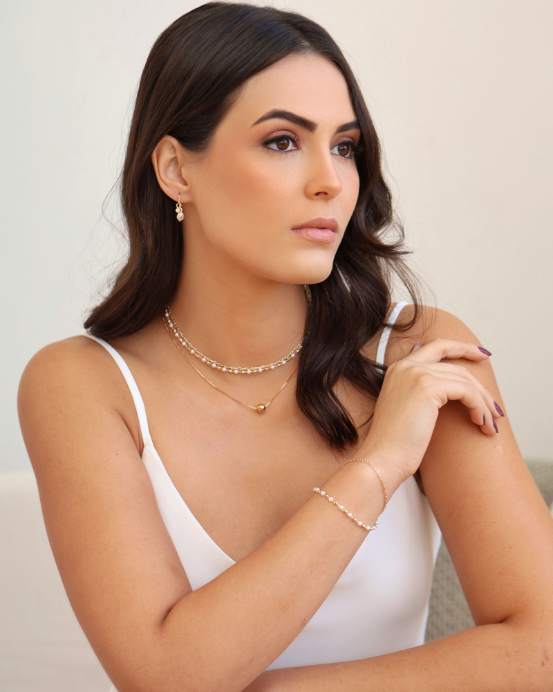 Pulseira Dupla Elos Pérolas Banhado a Ouro 18K