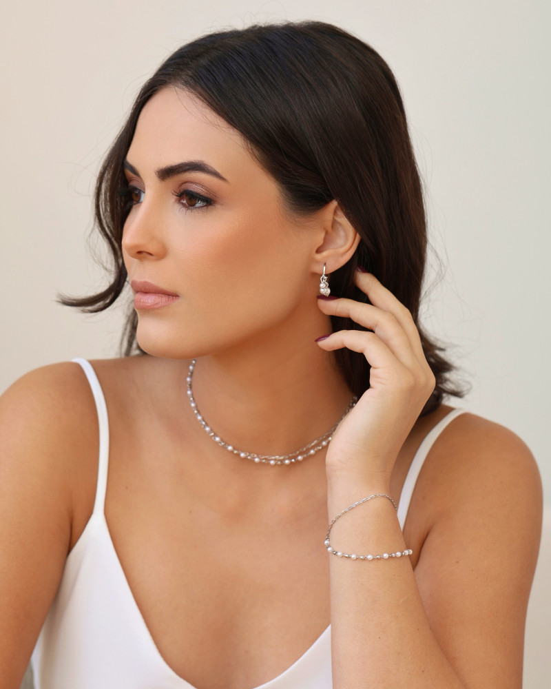 Gargantilha Dupla Elos Pérolas Ródio Branco