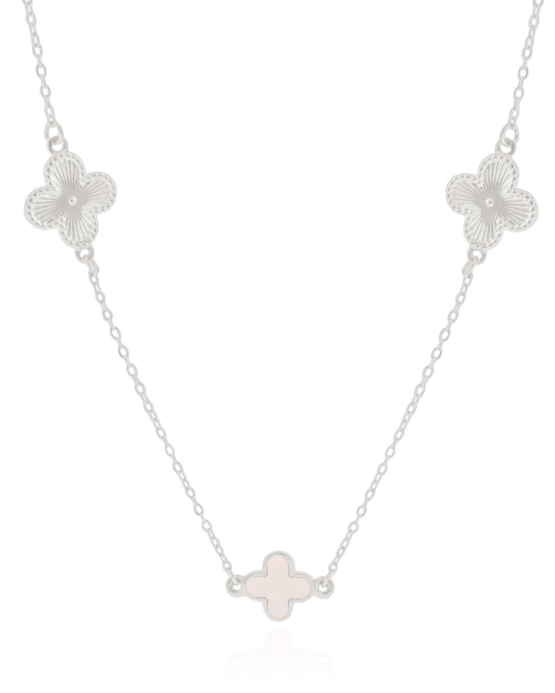 Gargantilha Elos Trevo Riscado e Madrepérola Ródio Branco - 50 cm