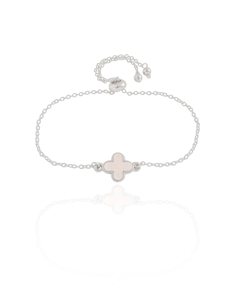 Pulseira Elos Trevo Madrepérola Fecho Gravata Ródio Branco
